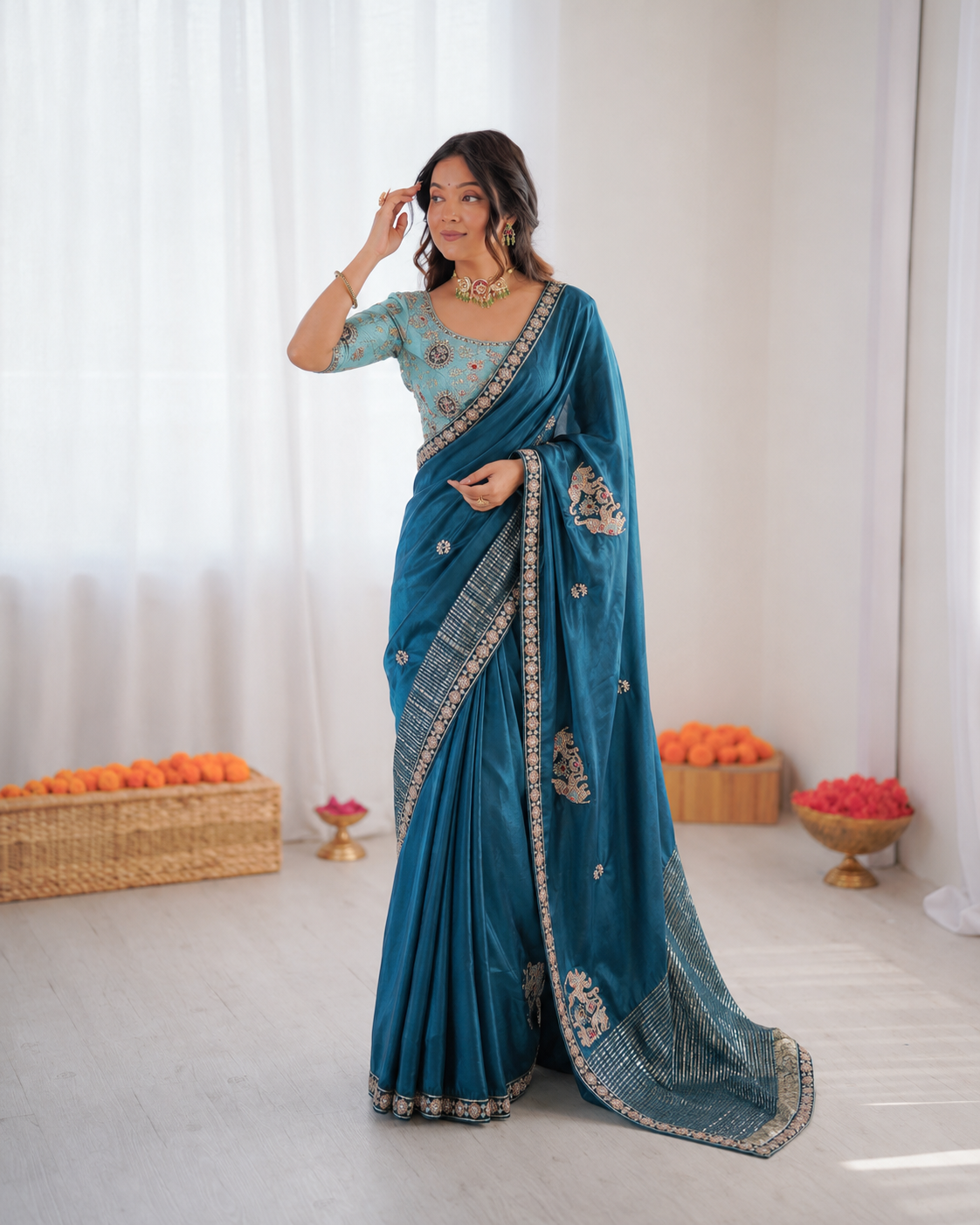 Beautiful Soft Rich Premium Dola Silk With Beads Handwork & Sequence Work Saree