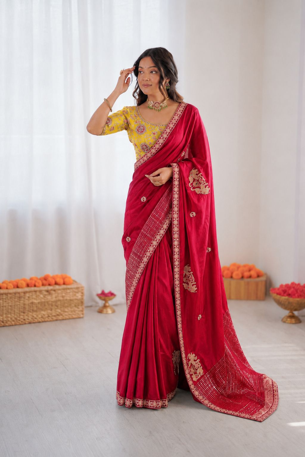 Beautiful Soft Rich Premium Dola Silk With Beads Handwork & Sequence Work Saree