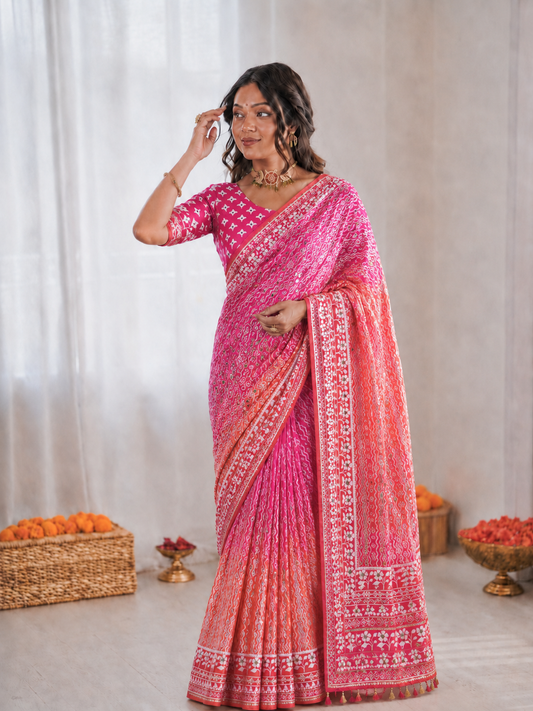 Chinon Silk Mirror Work Saree Set