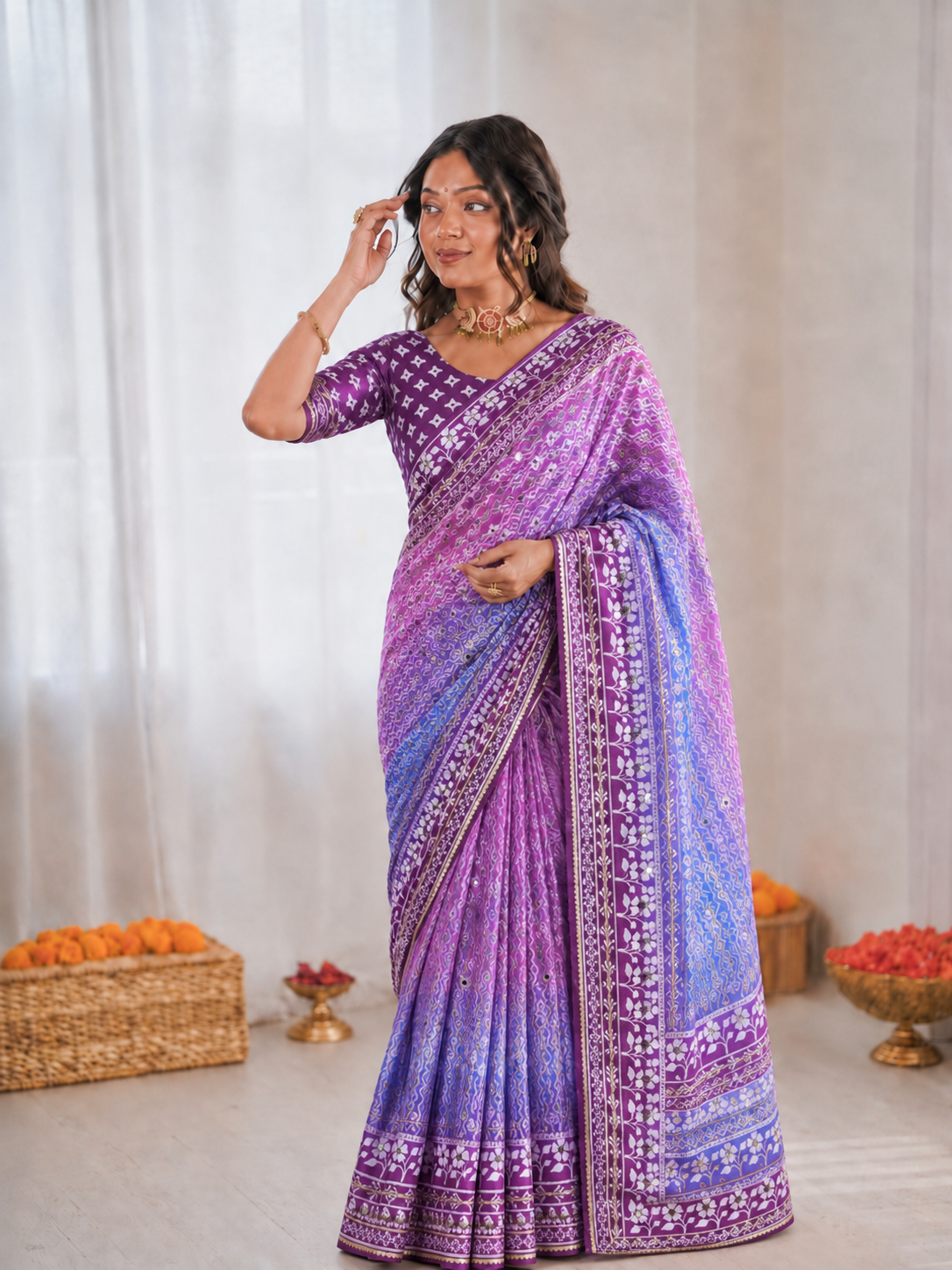 Chinon Silk Mirror Work Saree Set