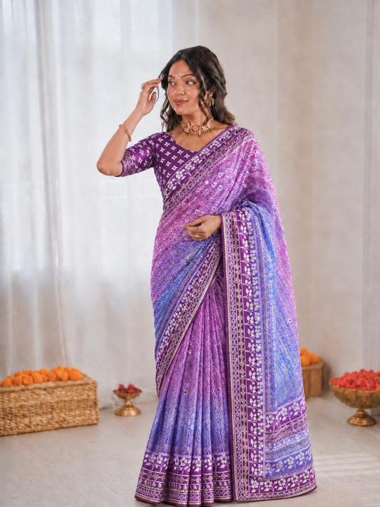 Chinon Silk Mirror Work Saree Set