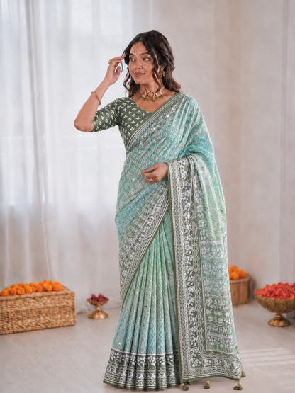 Chinon Silk Mirror Work Saree Set