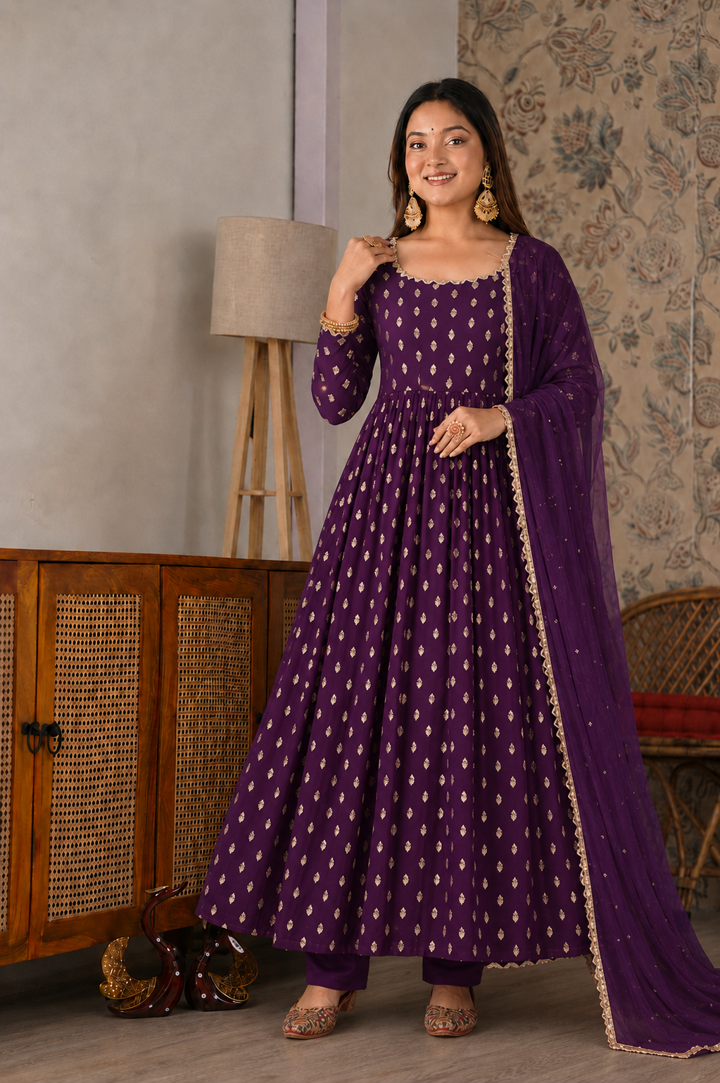 Chanderi Jacquard Mirror Work Gown Suit Set