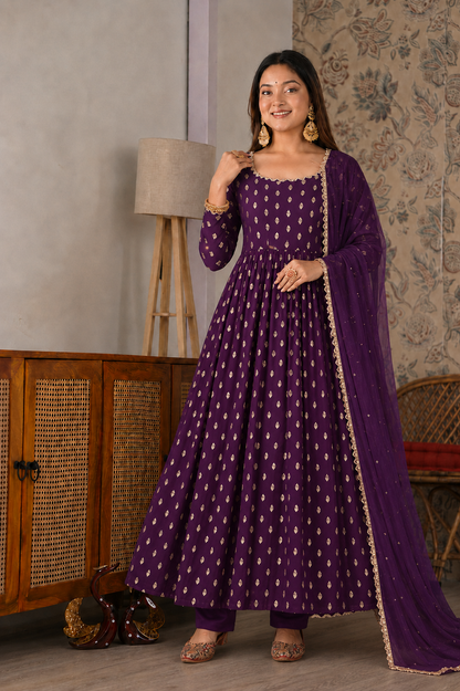 Chanderi Jacquard Mirror Work Gown Suit Set