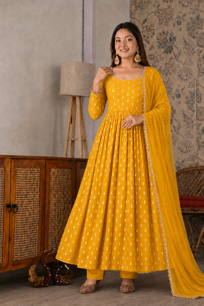 Chanderi Jacquard Mirror Work Gown Suit Set