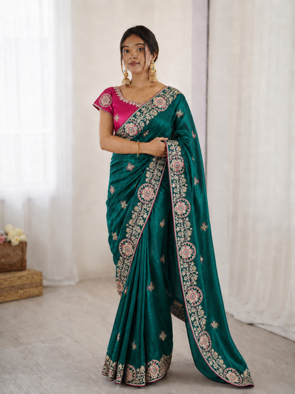 Beautiful Soft Rich Silk With Heavy Golden Embroidery Work Saree