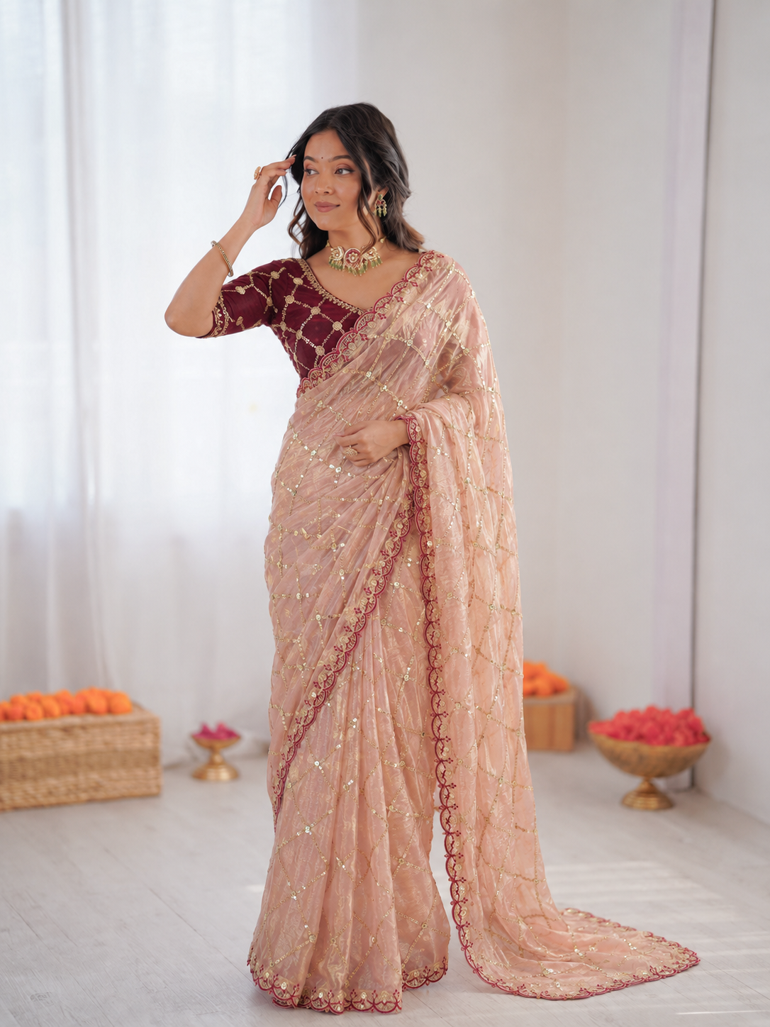 Beautiful Soft Fendy Satin Silk With Beats Jhal Work Saree