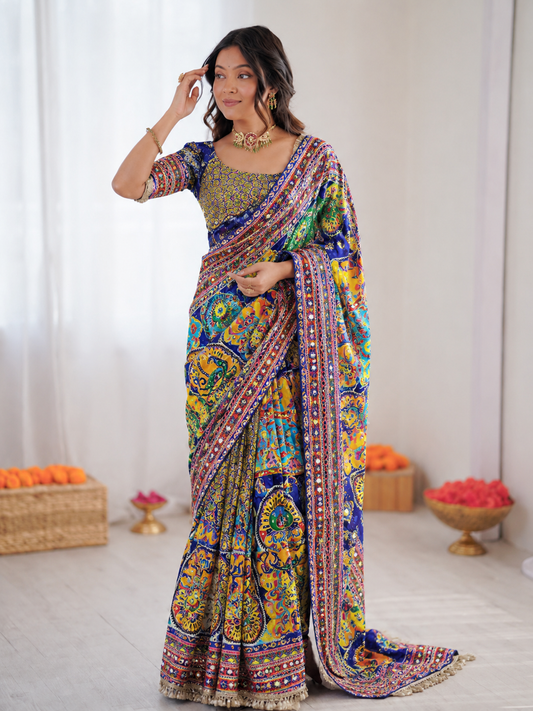 Beautiful Soft Rich Japan Satin Digital Print Aari & Mirror Work Saree