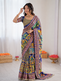 Beautiful Soft Rich Japan Satin Digital Print Aari & Mirror Work Saree