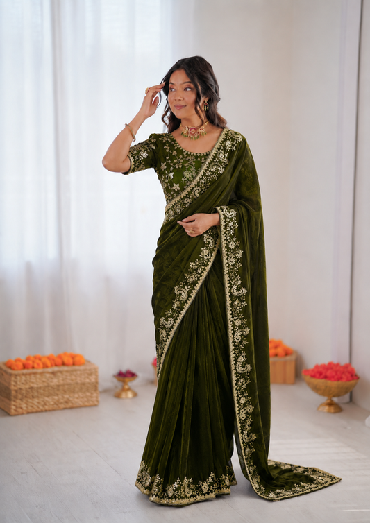 Beautiful Soft Rich Fandy Satin Silk Sequence Embroidery Work Saree