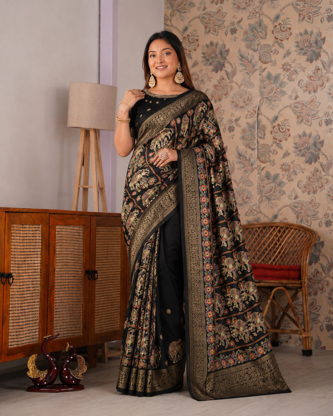 Beautiful Soft Rich Marsh Mellow Silk Elephant Print & Mirror Work Saree