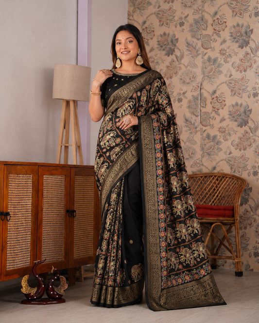 Beautiful Soft Rich Marsh Mellow Silk Elephant Print & Mirror Work Saree
