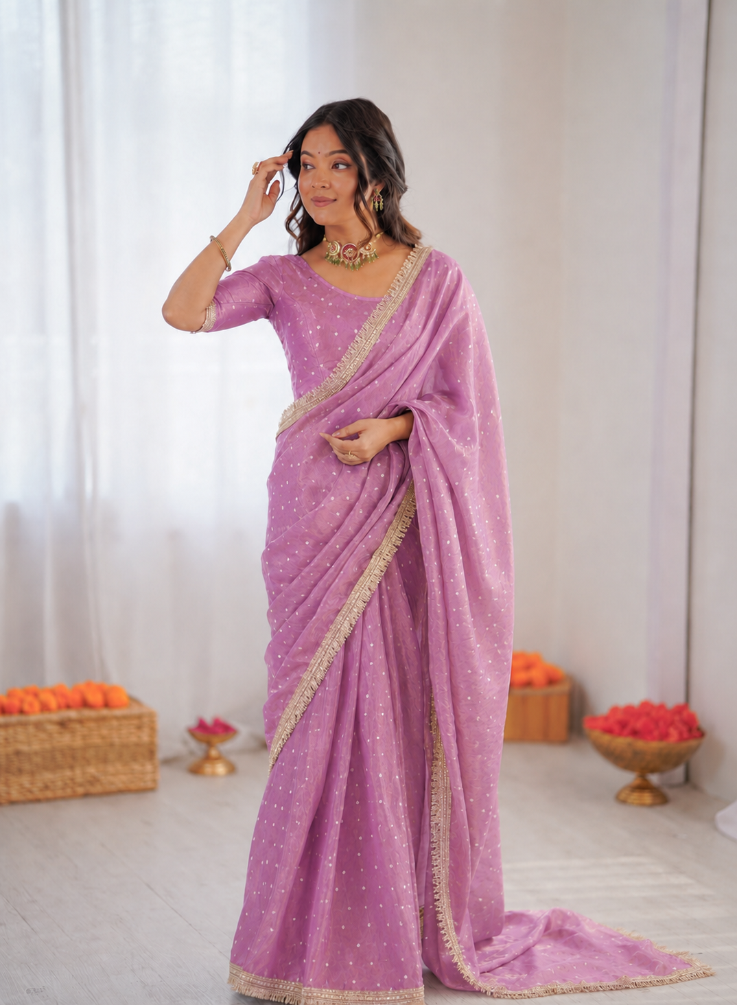 Beautiful Soft Rich Moss Fendy Chiffon Silver Jhari Work Saree
