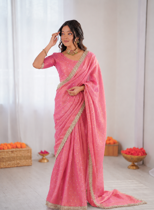 Beautiful Soft Rich Moss Fendy Chiffon Silver Jhari Work Saree