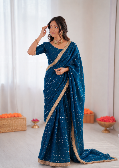 Beautiful Soft Rich Moss Fendy Chiffon Silver Jhari Work Saree