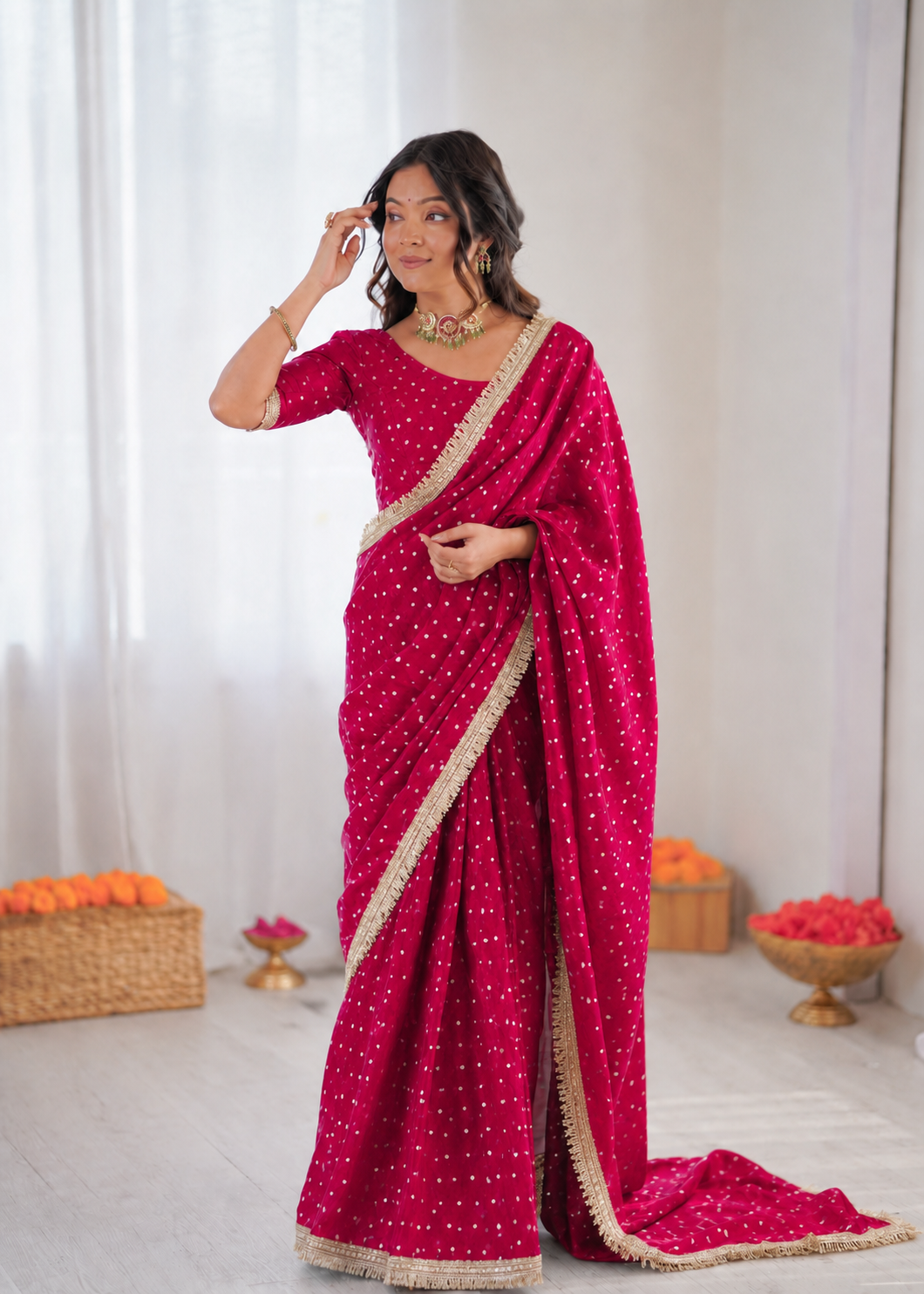 Beautiful Soft Rich Moss Fendy Chiffon Silver Jhari Work Saree