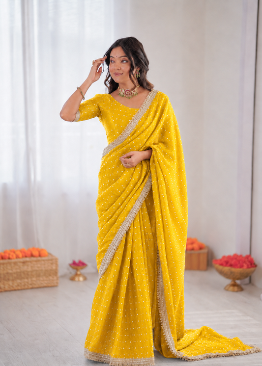 Beautiful Soft Rich Moss Fendy Chiffon Silver Jhari Work Saree