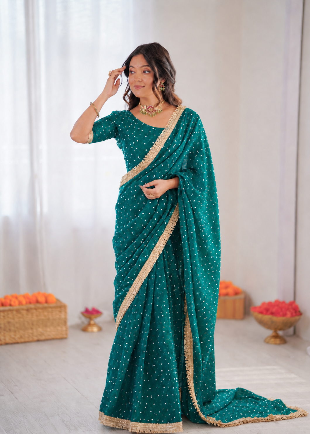 Beautiful Soft Rich Moss Fendy Chiffon Silver Jhari Work Saree