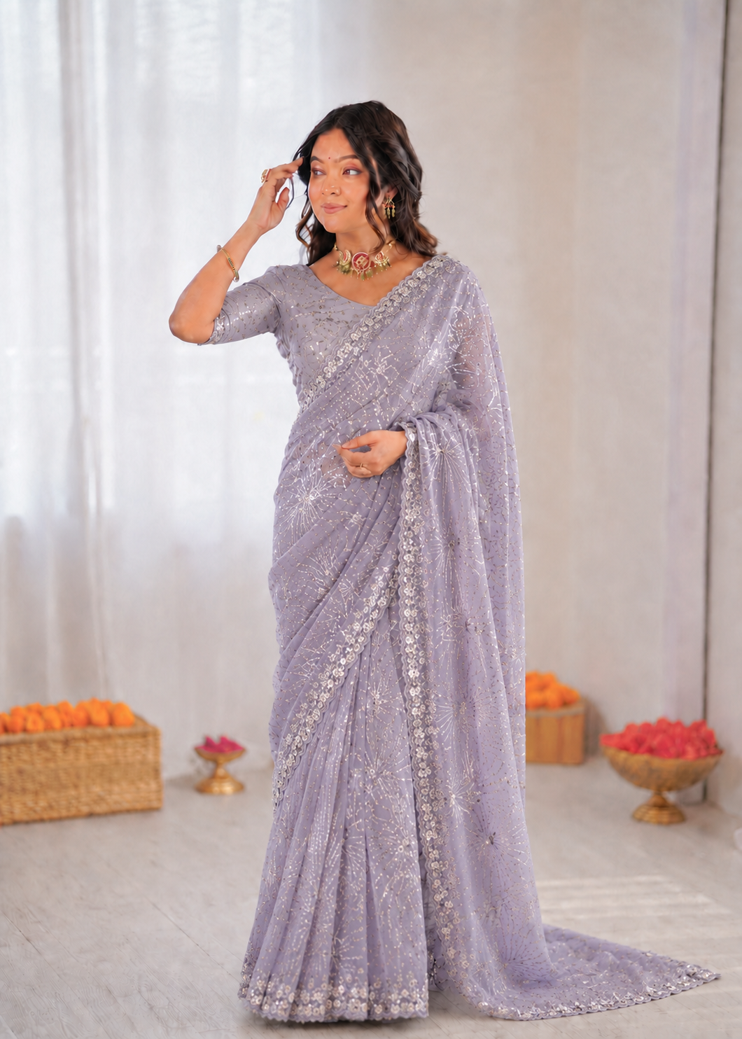 Beautiful Soft Rich Butterfly Net , Multi Sequence & Embroidery Work Saree