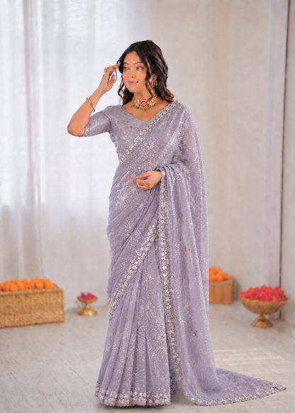 Beautiful Soft Rich Butterfly Net , Multi Sequence & Embroidery Work Saree