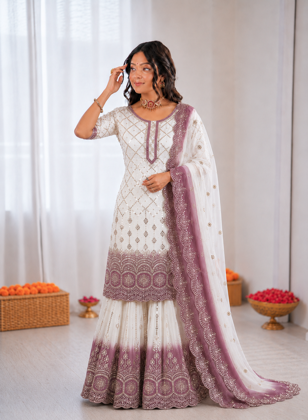 Beautiful Soft Rich Dual Tone Georgette Embroidery Sequence Work Plazzo Set
