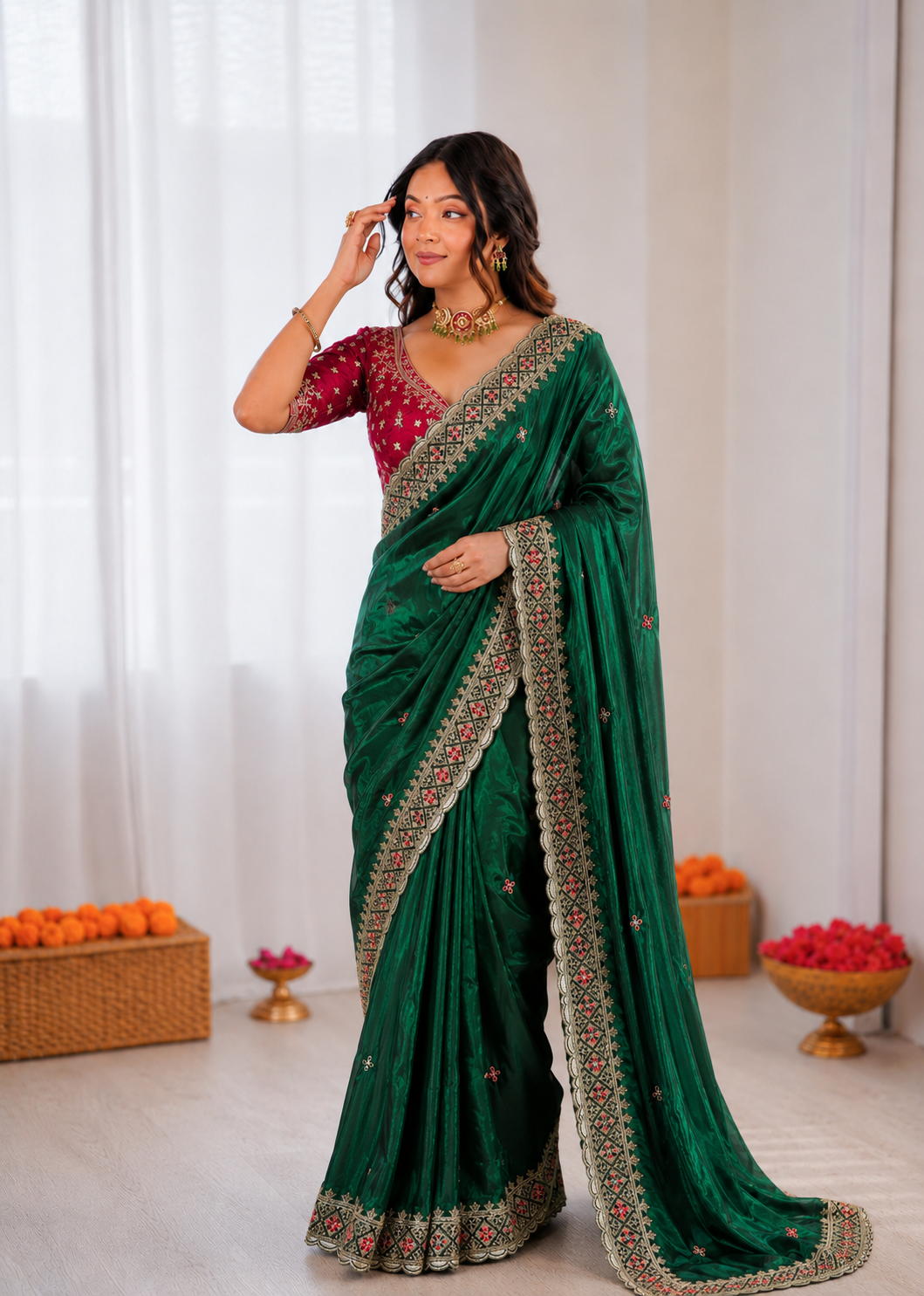 Beautiful Soft Rich Fandy Satin Embroidery Meena Work Saree
