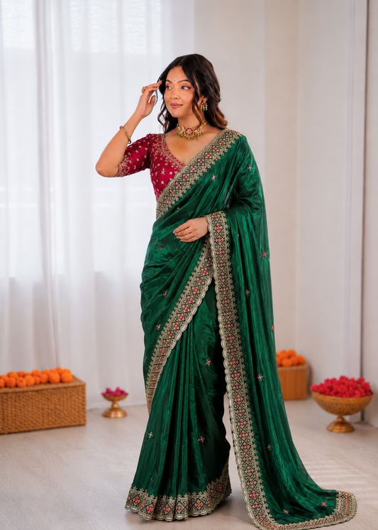 Beautiful Soft Rich Fandy Satin Embroidery Meena Work Saree