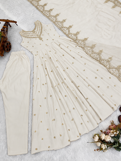 Beautiful Premium Roman Silk With Heavy Embroidery Sequence Work Gown Set