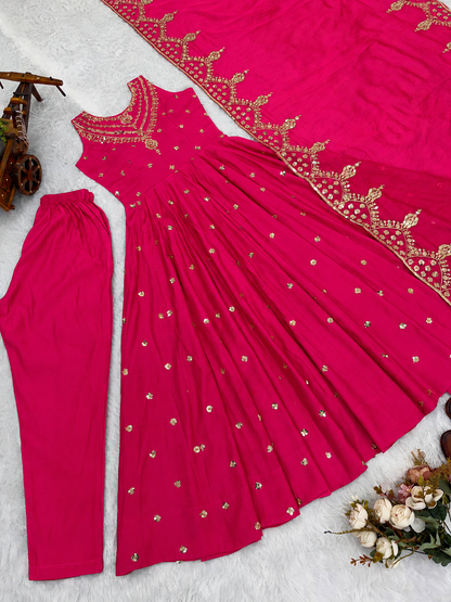 Beautiful Premium Roman Silk With Heavy Embroidery Sequence Work Gown Set