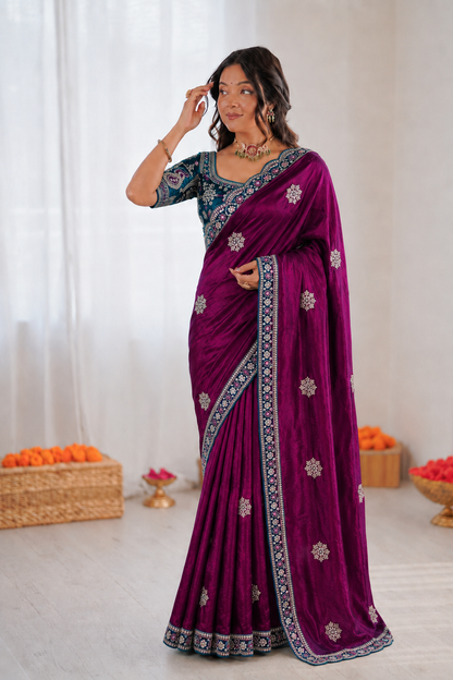 Beautiful Pure Soft Fandy Satin Silk With Embroidery Sequence Work Saree