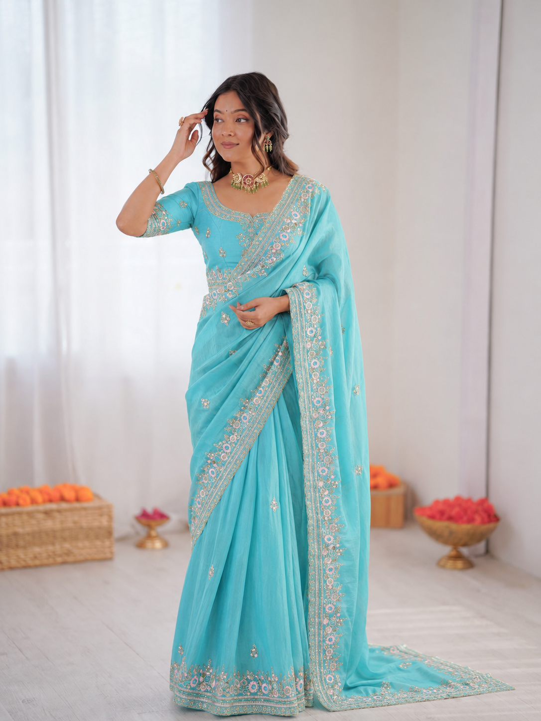 Beautiful Soft NC Vichitra Silk With Multi Color Thread Embroidery Work Saree