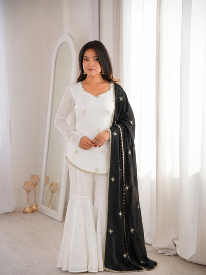 Beautiful Soft Fendy Silk With Embroidery Sequence Work Sharara Suit