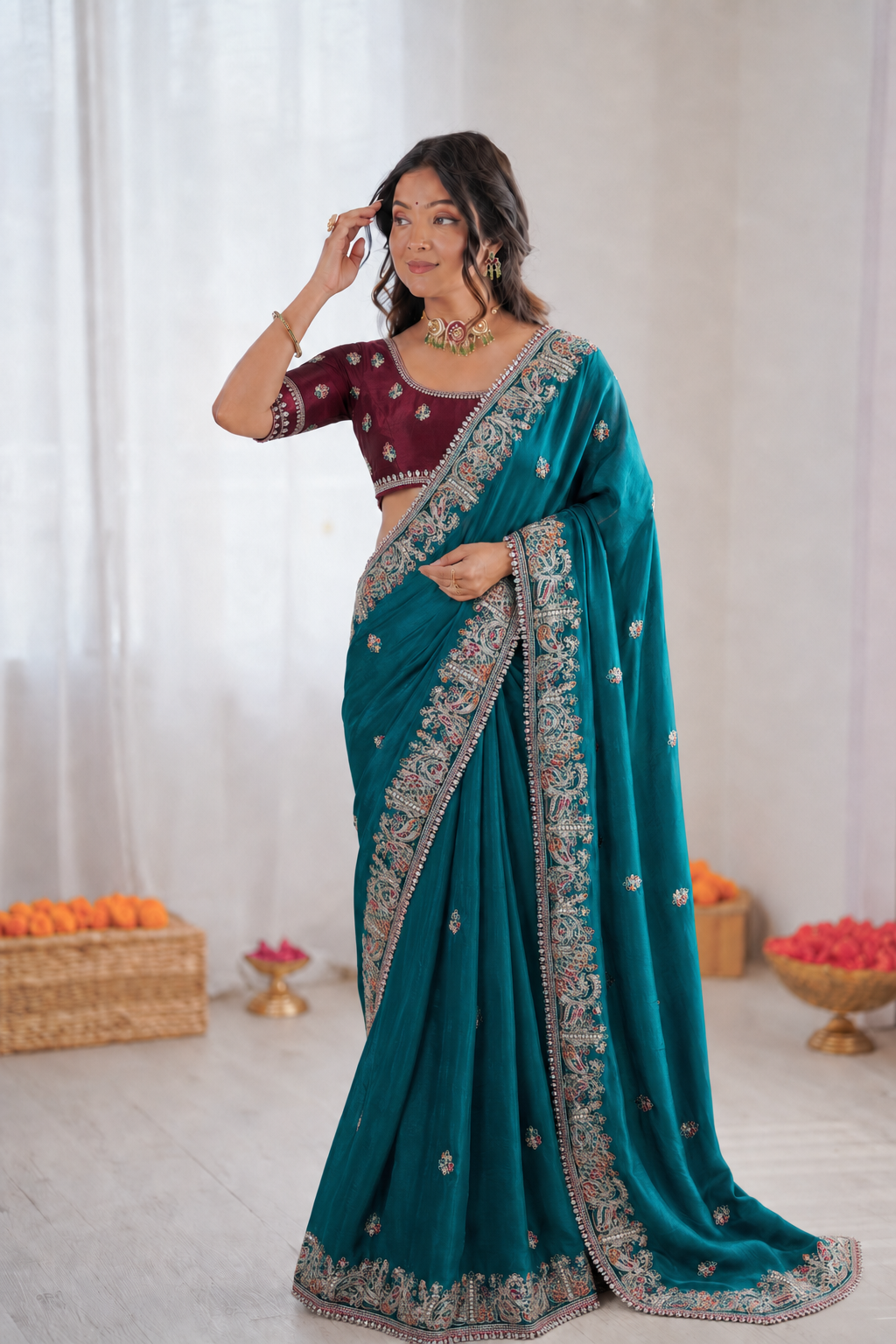 Beautiful Soft Fandy Satin Silk With Floral Embroidery Work Saree