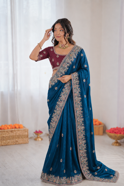 Beautiful Soft Fandy Satin Silk With Floral Embroidery Work Saree
