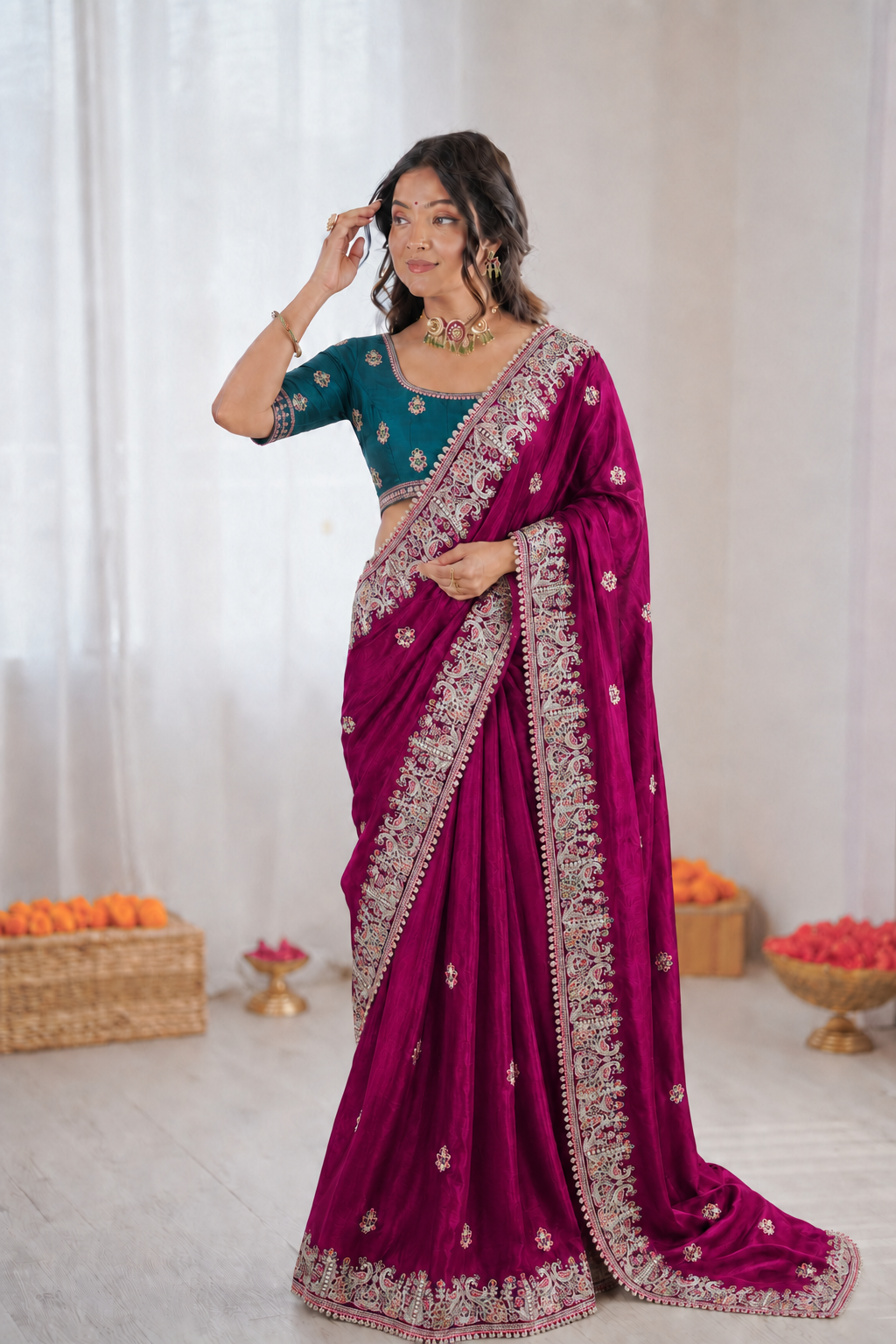 Beautiful Soft Fandy Satin Silk With Floral Embroidery Work Saree