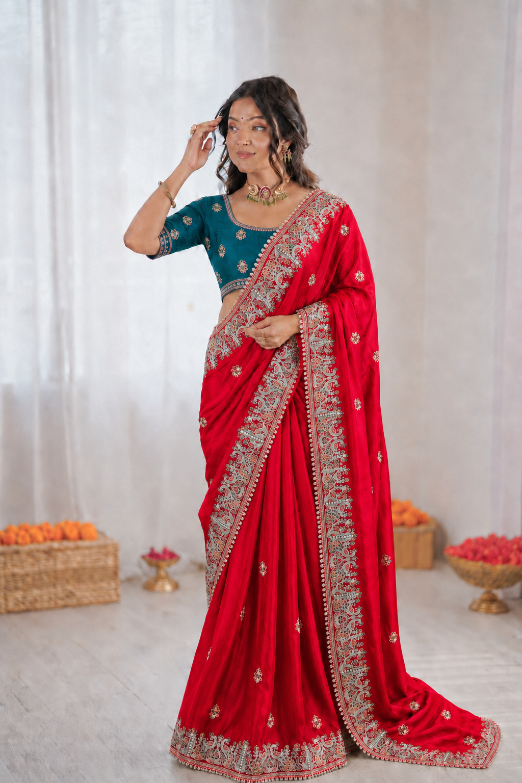 Beautiful Soft Fandy Satin Silk With Floral Embroidery Work Saree