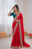 Beautiful Soft Fandy Satin Silk With Floral Embroidery Work Saree