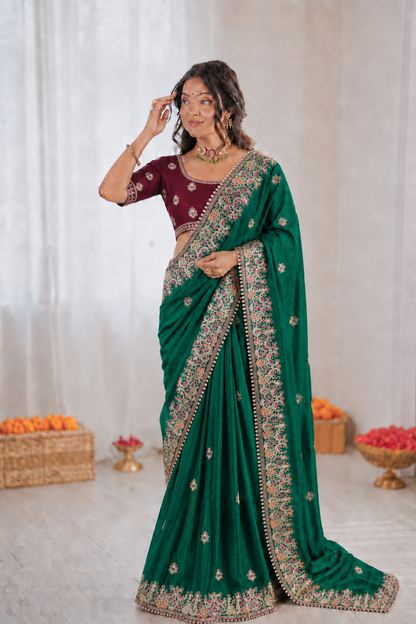Beautiful Soft Fandy Satin Silk With Floral Embroidery Work Saree