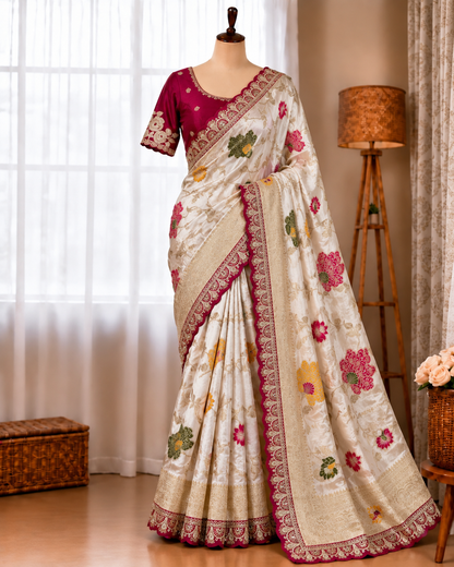 egant Wine Red & Ivory Dolla Silk Embroidered Saree with Unstitched Blouse