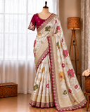 egant Wine Red & Ivory Dolla Silk Embroidered Saree with Unstitched Blouse