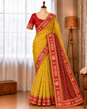 Mustard Yellow Viscose Zari Saree with Fancy Sada Suhagan Lace & Stitched Blouse