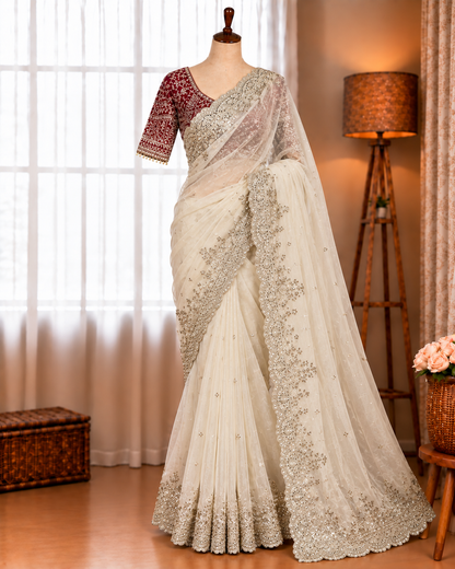 Elegant Fendy Satin Embroidery Work Saree