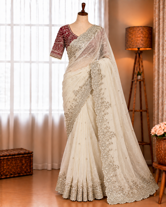Elegant Fendy Satin Embroidery Work Saree
