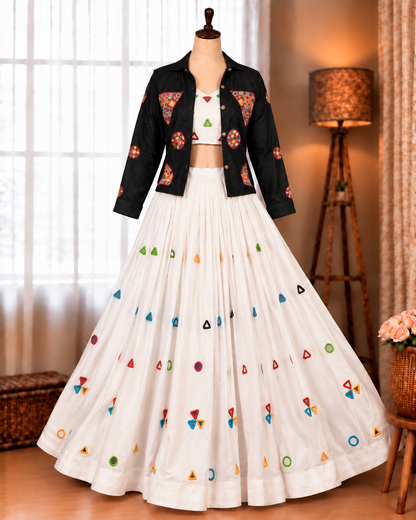 Rayon Cotton Mirror Work Lehenga with Denim Gamthi Mirror Embroidered Jacket
