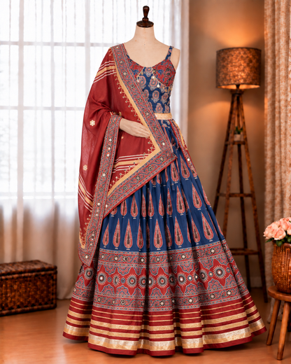Natural Crepe Digital Ajrakh Print Work Navratri Lehenga