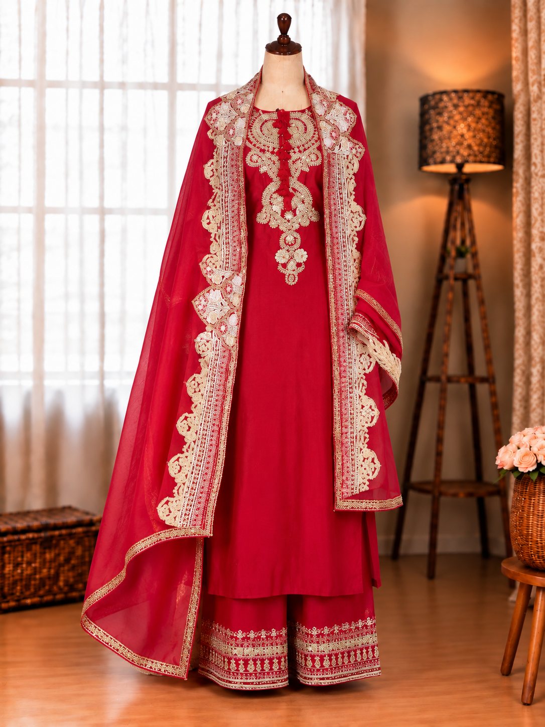 Beautifull Red Color Roman Silk With Embroidery Work Top Plazzo