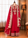 Beautifull Red Color Roman Silk With Embroidery Work Top Plazzo