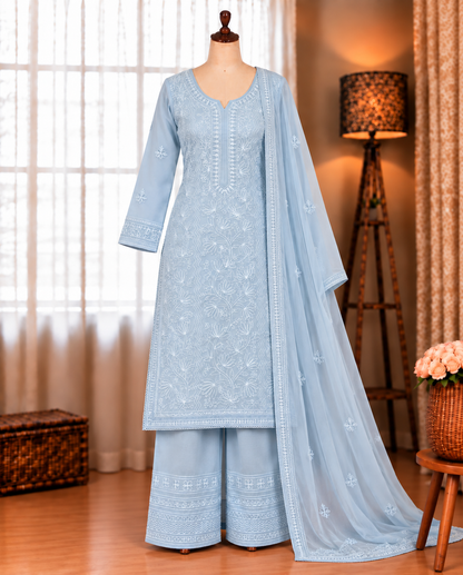 Sky Color Georgette Embroidery Work Top Plazzo