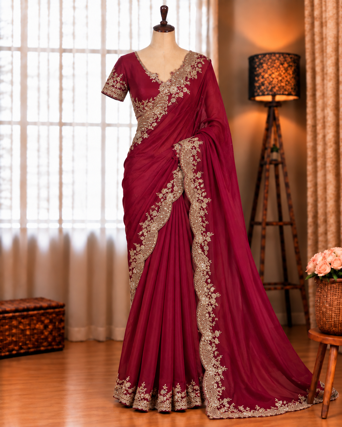 Red Color Beautifull Space Sathin With Thread Work Saree