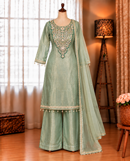 Beautifull Tissue Salsa With Sequience Work Top Plazzo